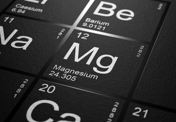 Close up on Magnesium chemical element symbol on black periodic table, 3D rendered with focus depth of field