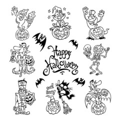 Happy Halloween set of monsters, ghost, vampire, skeleton, frankenstein, frog, black cat, pumpkin and bat, black and white cartoon