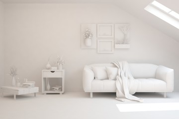 White minimalist living room with sofa. Scandinavian interior design. 3D illustration