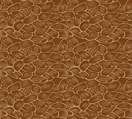 Hand drawn seamless pattern with cacao beans, contour scribbles on the brown background. Vector illustration