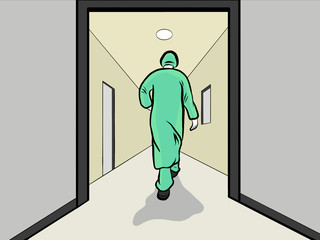 Line drawing, behind view of doctor wearing surgical PPE suit, walk inside emergency room, selective focus. Creative with illustration in flat design.
