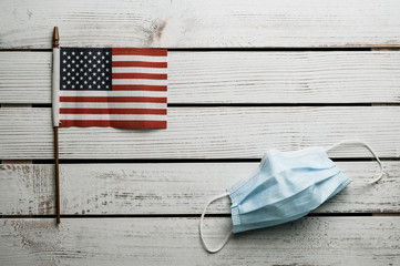 American stars and stripes flat lay over rustic wood background 4th of July memorial day in...