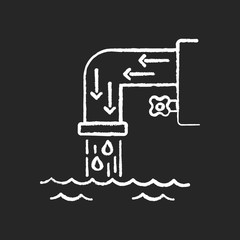 Drainage system chalk white icon on black background. Steel pipe with flowing water. Environmental pollution from factory. Urban infrastructure. Isolated vector chalkboard illustration