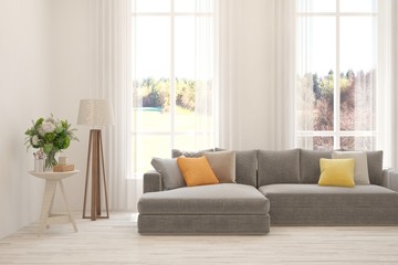 White living room with sofa. Scandinavian interior design. 3D illustration