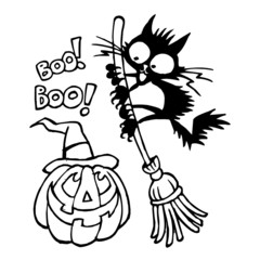 Pumpkin with witch hat scared black cat on broom, halloween theme black and white cartoon