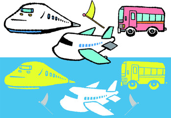 飛行機や新幹線、観光バス。旅行に欠かせない乗り物たちのイラストです。