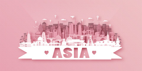 Naklejka premium Asia Landmarks Travel postcard, poster, tour advertising of world famous landmarks. Vectors illustrations