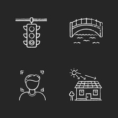 Urban regulation chalk white icons set on black background. Face recognition. Traffic control light. Bridge for walkway. Solar battery o home rooftop. Isolated vector chalkboard illustrations