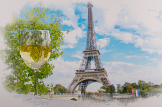 Watercolor effect of view of glass of white wine with Eiffel tower view in Paris, France