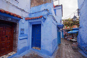 Travel by .Morocco. Street in medina of blue town Chefchaouen.