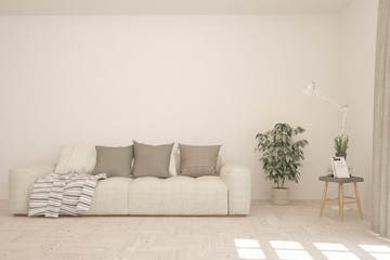 White living room with sofa. Scandinavian interior design. 3D illustration