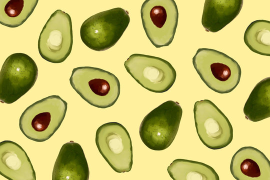Avocado pattern isolated on green background. Fresh summer fruit.