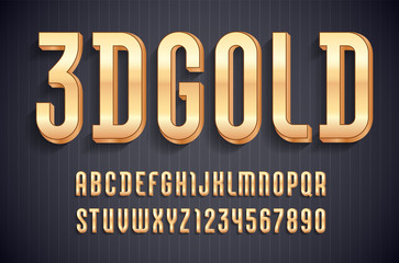 3d golden font, trendy volume alphabet sans serif, modern letters and numbers for your logo, flyer, film poster, fashion banner, vector illustration 10eps.
