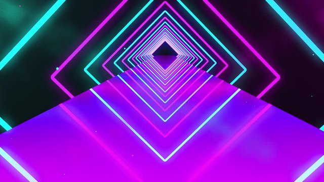 Futuristic neon tunnel with purple lights with particles. Abstract 3d animation of glowing neon bright lines geometric shapes and mirror reflection