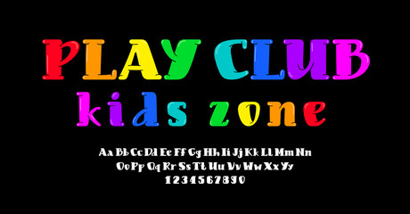 Kids bright font, alphabet in the cartoon style, multicolored trendy uppercase and lowercase Latin letters from A to Z and Arab numbers from 0 to 9 for you designs, vector illustration 10eps