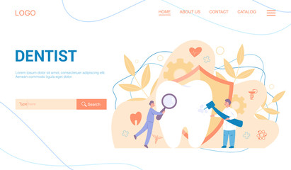 Dentist web banner or landing page. Doctor treat big tooth. Medical