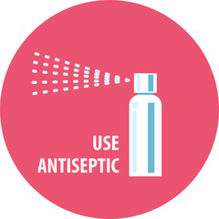Caption Use antiseptic. Hand disinfection personal protective equipment, disinfecting spray to prevent viruses, coronavirus. Health, cleanliness and body care. Vector illustration. Flat infographic
