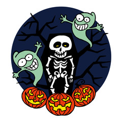Skeleton in coffin with silhouette of tree, ghosts and pumpkins, scary illustration, Halloween theme color cartoon