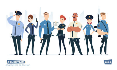 Police officers collection, police man and police woman team. Cops and officers security in uniform standing together