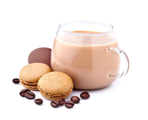 Coffee drinks with Sweet  macarons assorted isolated on white background. Clipping Path.