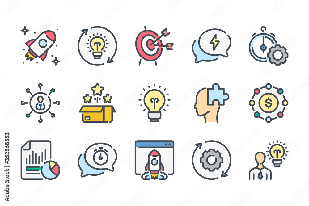 Poster startup related color line icon set. creative idea and business process colorful linear icons. launc