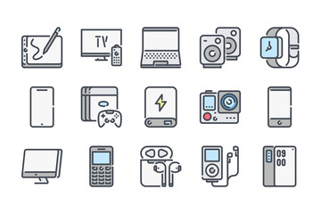Electronic Devices related color line icon set. Gadgets and Electronic Equipment colorful linear icons. Electronics and Multimedia equipment flat color outline vector sign collection.