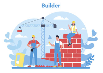 House building concept. Workers constructing home with tools