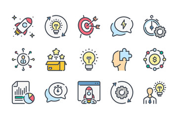 Startup related color line icon set. Creative Idea And Business Process colorful linear icons. Launch of the Project flat color outline vector sign collection.