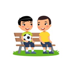 Two little asian boys with soccer ball sit on bench. Summer holidays, recreation, sports, hobbies. Vector flat illustration. Children cartoon characters isolated on white background.