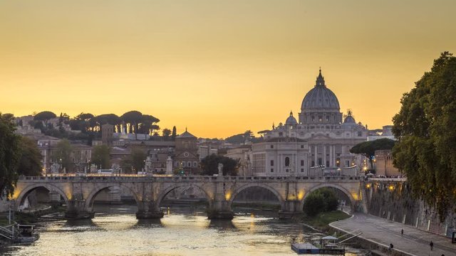 Rome skyline vatican view time lapse from day to night. church vatican italy rome view and river.