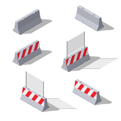 Isometric concrete road barriers. Road work fence set.