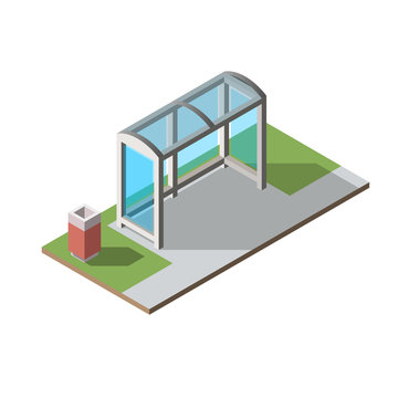 Bus stop and street trash can. Flat 3d vector isometric illustration.