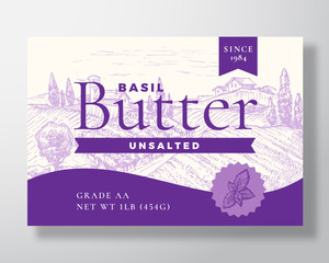 Basil Butter Dairy Label Template. Abstract Vector Packaging Design Layout. Modern Typography Banner with Hand Drawn Violet Herb and Rural Landscape Background.