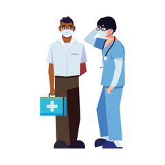 Men doctors with uniforms mask and kit vector design