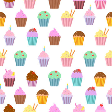 Cupcakes seamless pattern on white background.