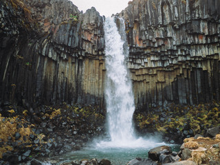 black columnar basalt Svartifoss waterfall in South Iceland