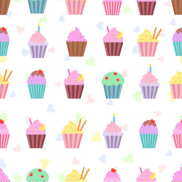 Cupcakes seamless pattern on white background.