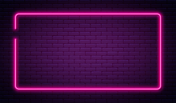 Neon Sign In Rectangle Shape. Bright Neon Light, Illuminated Rectangle Frame. Glowing Purple Neon Tube On Dark Background. Signboard Or Banner Template