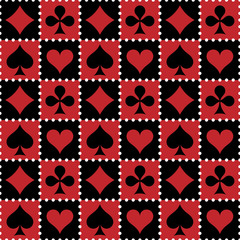 Pattern suits of playing cards. Checkered background from squares. Spades, Hearts, Clubs, Diamonds.