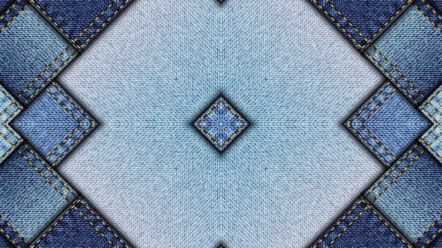 Symmetric abstract psychedelic pattern. Patchwork denim. Looping footage.