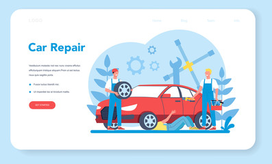 Naklejka premium Car service web banner or landing page. People repair car using
