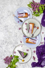 Fototapeta na wymiar blueberry cheesecake in icing on a light background