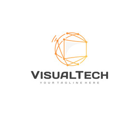 Audio visual system logo design. Screen and circuit network vector design. Video technology logotype