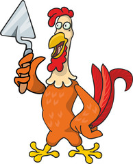 Cheerful funny rooster builder holds a construction spatula in his hand. Vector illustration in cartoon style.