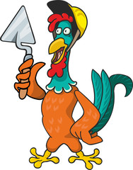 Cheerful funny rooster builder in a protective building helmet holds a construction spatula with his hand. Vector illustration in cartoon style.