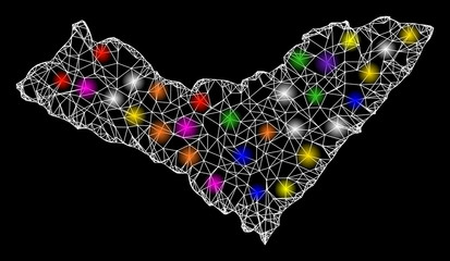 Web mesh vector map of Alagoas State with glare effect on a black background. Abstract lines, light spots and spheric points form map of Alagoas State constellation.