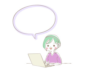 ノートパソコンでテレワークをする女性　吹き出し
