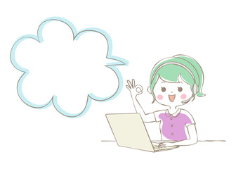 ノートパソコンでテレワークをする女性　吹き出し
