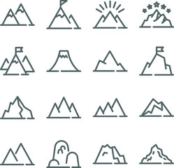 Mountain vector icon illustration set. Contains such icon as Hill, Adventure, Peak, mountain, mount, height, fell, Rocky, and more. Expanded Stroke