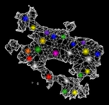 Web mesh vector map of Alava Province with glare effect on a black background. Abstract lines, light spots and dots form map of Alava Province constellation.